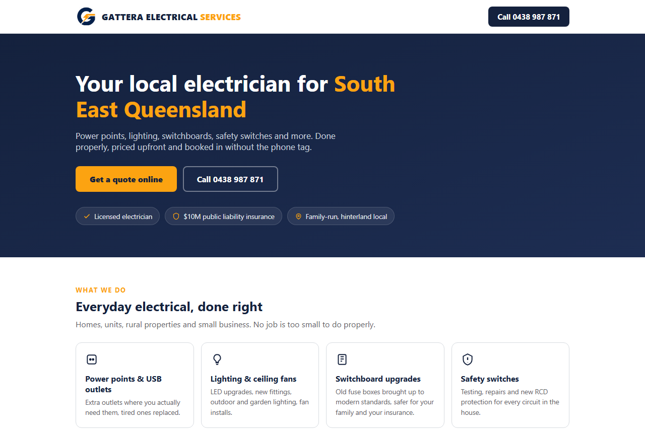 The Gattera Electrical homepage, with Get a quote online and Call buttons